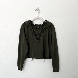 [Express] Olive Green Lace Up Cropped Boxy Hoodie Casual Size Small S
